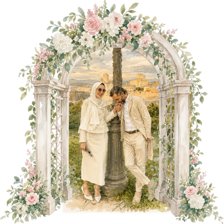 Ahlem et Mehdi sous une arche fleurie